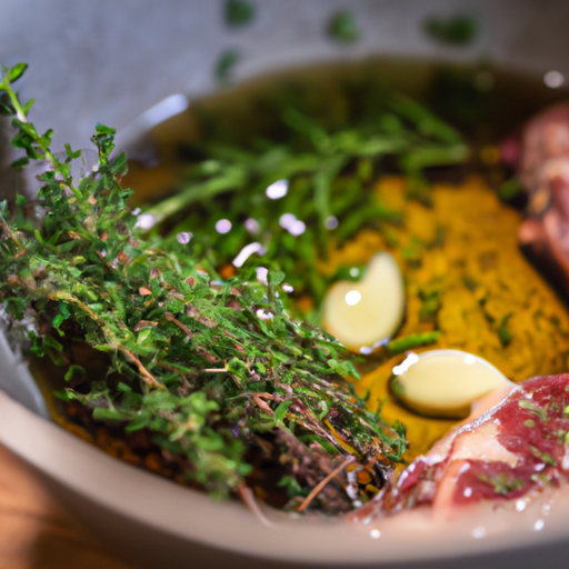 A bowl of fresh rosemary, thyme, garlic, and olive oil marinade for ribeye steak