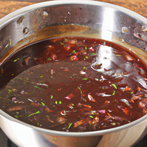 A simmering pot of red wine reduction sauce with shallots and herbs