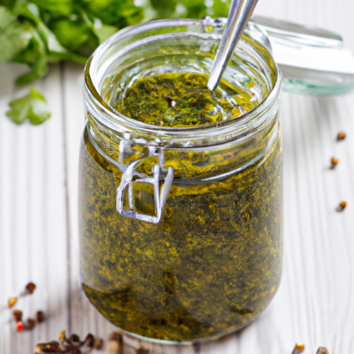 Fresh chimichurri sauce in a glass jar